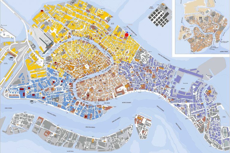 Color-coded map of Venice, Italy showing districts and canals.