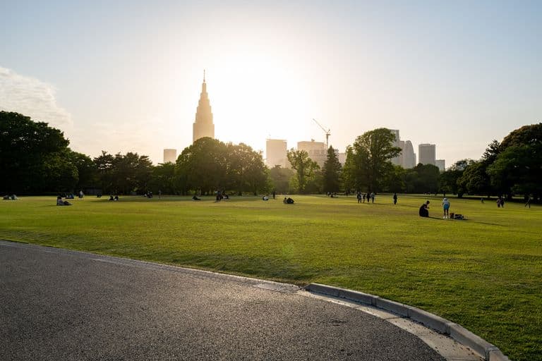 Sunset over a city park with tall buildings silhouetted in the background, people sitting and walking on the grassy area.